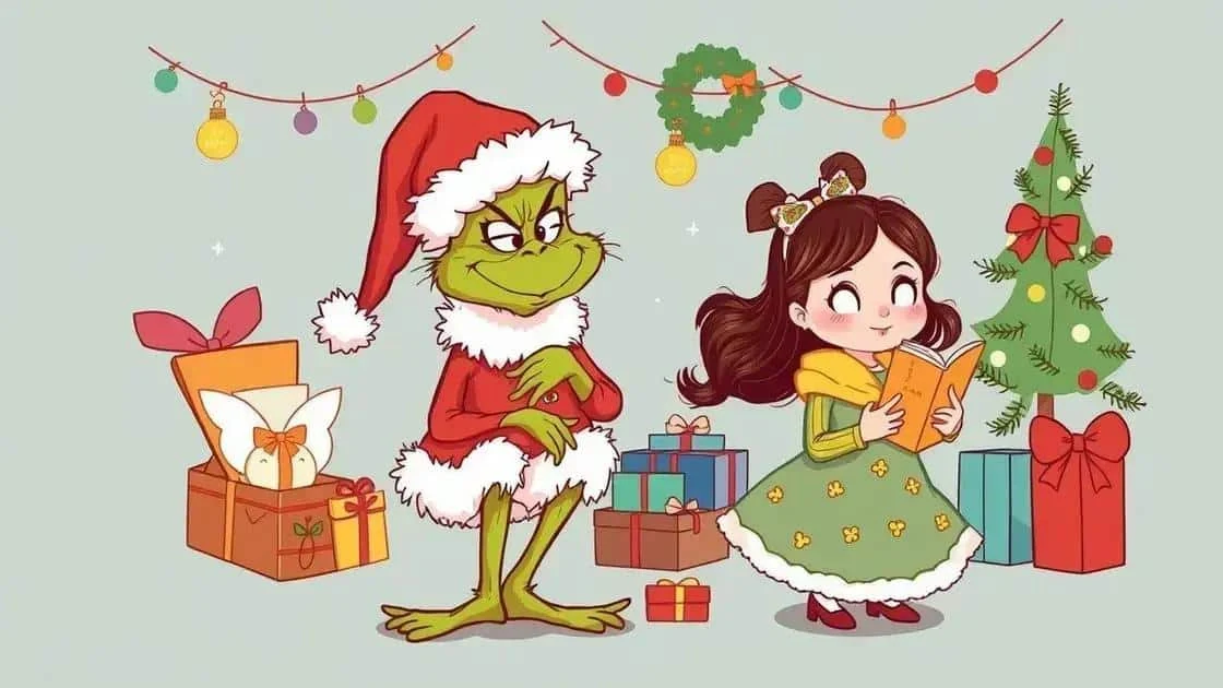 Green festive story character and a child
