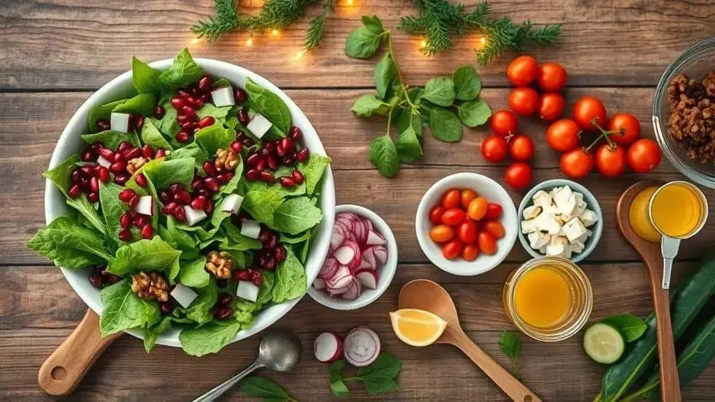 Green salad ingredients with pomegranate, tomatoes and cheese