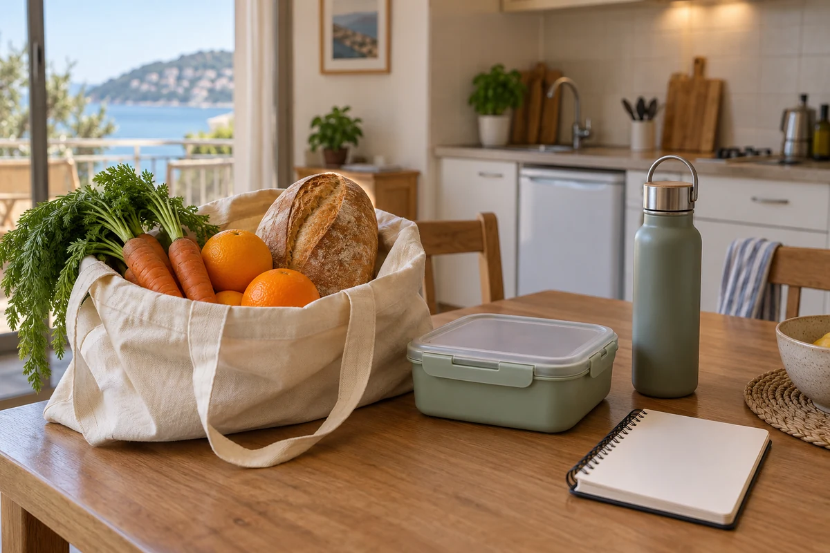 Groceries and a reusable lunchbox for self-catering on holiday