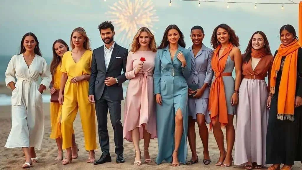 Group wearing colourful outfits for a beachside New Year gathering Group wearing colourful outfits for a beachside New Year gathering