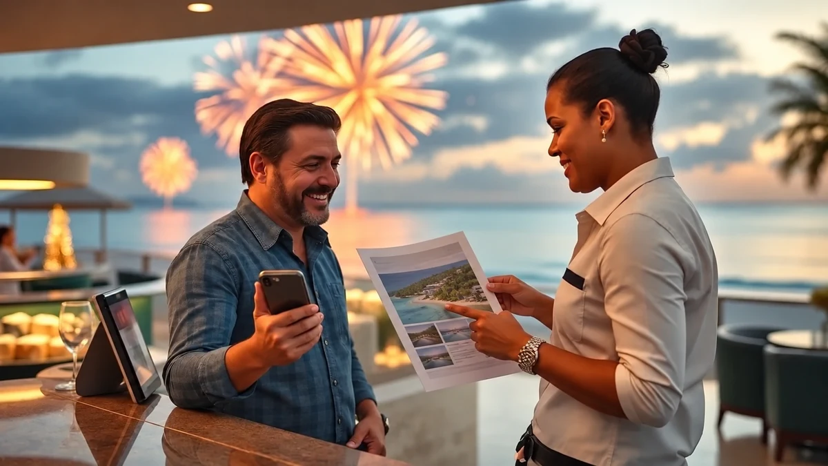 Guest discussing a festive resort stay with a staff member