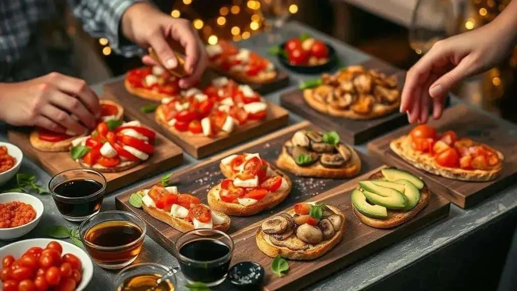 Guests assembling bruschetta with different toppings