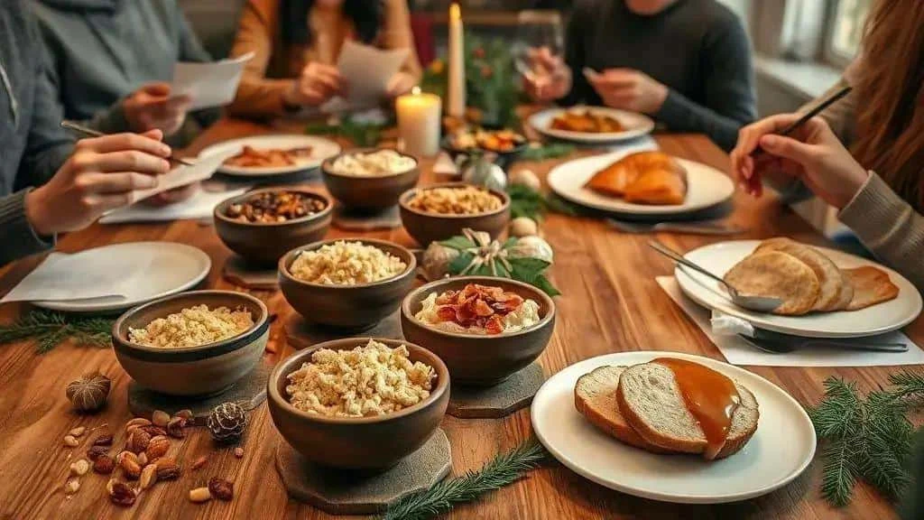 Guests gathered around a table with several bowls of farofa