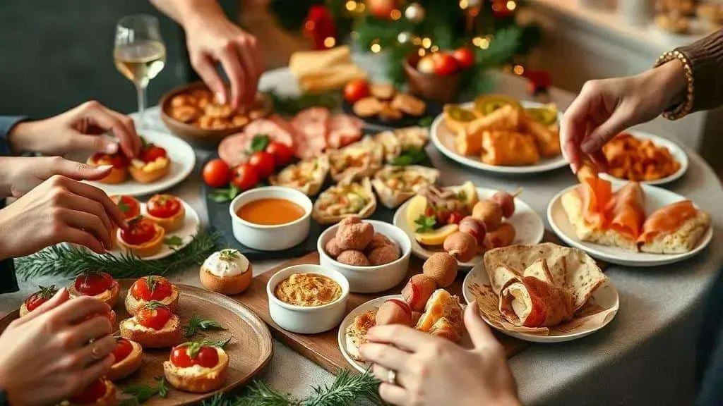 Guests reaching for an assortment of Christmas party appetisers