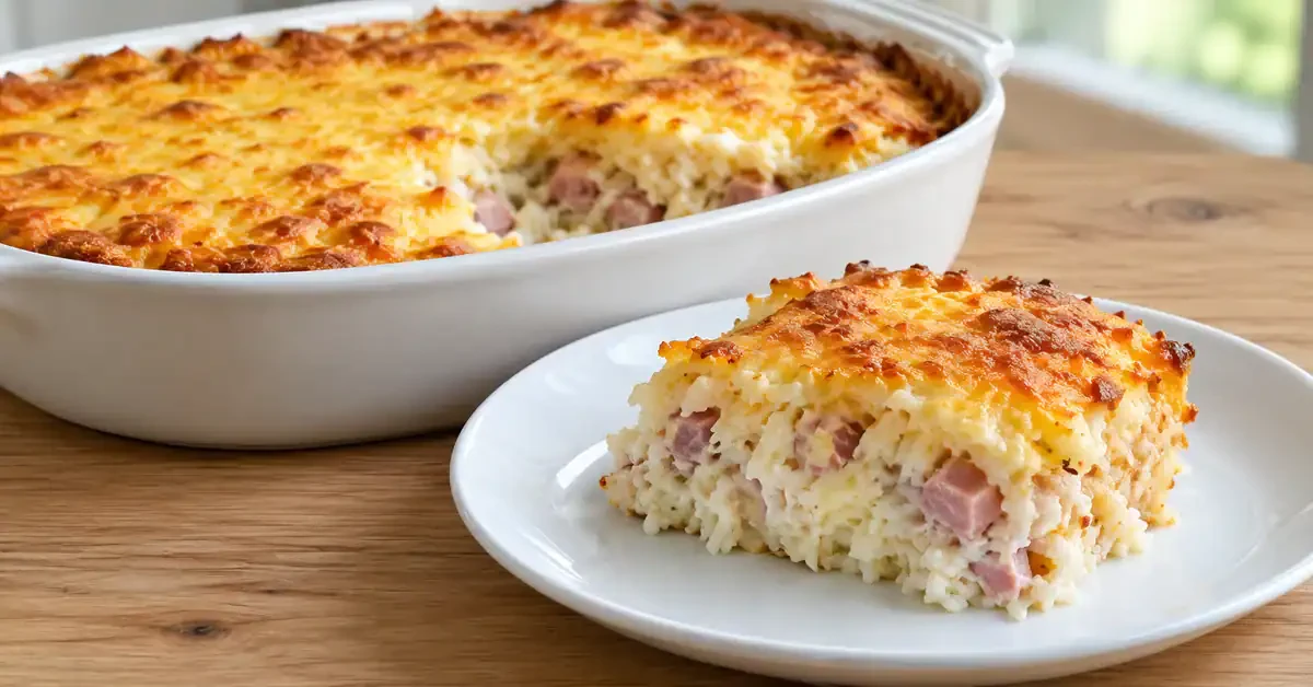 Ham and cheese rice bake served from an ovenproof dish