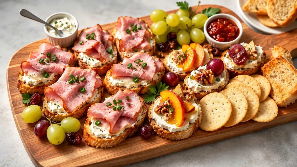 Ham canapés with fruit and cheese toppings
