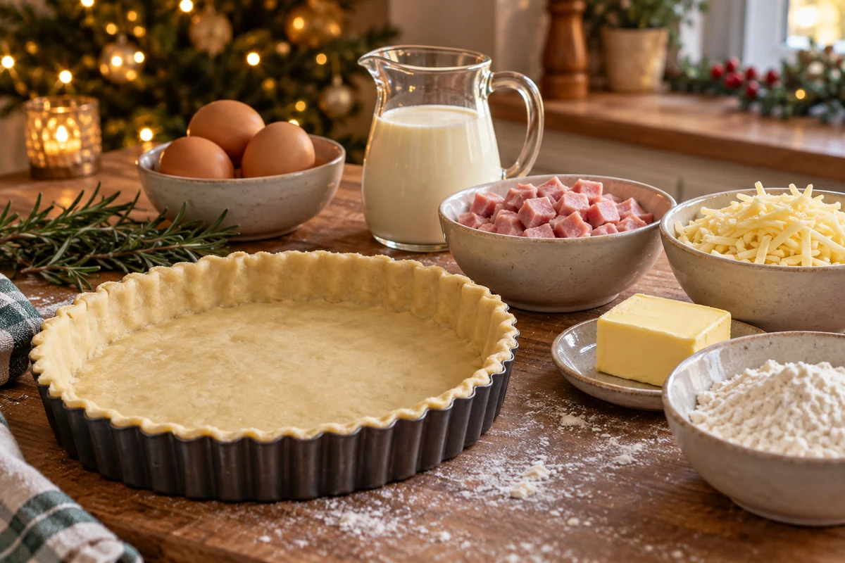 Ham, cheese, eggs and pastry for Christmas quiche Ham, cheese, eggs and pastry for Christmas quiche