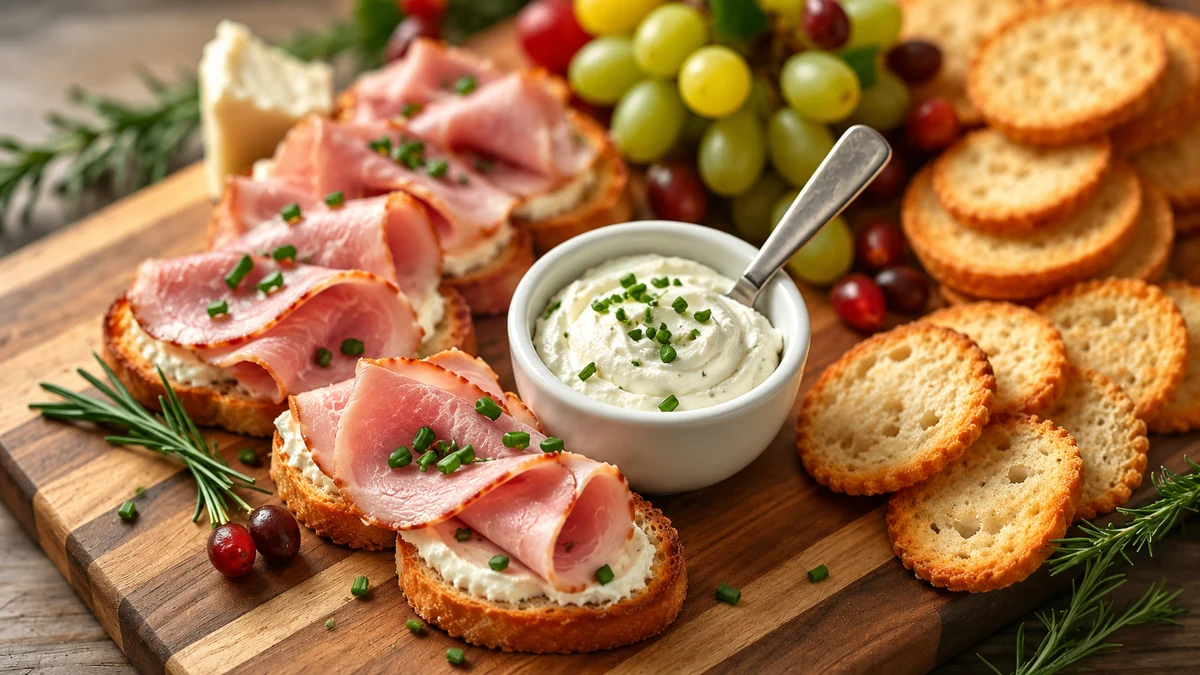 Ham, cream cheese and toasted bread for canapés