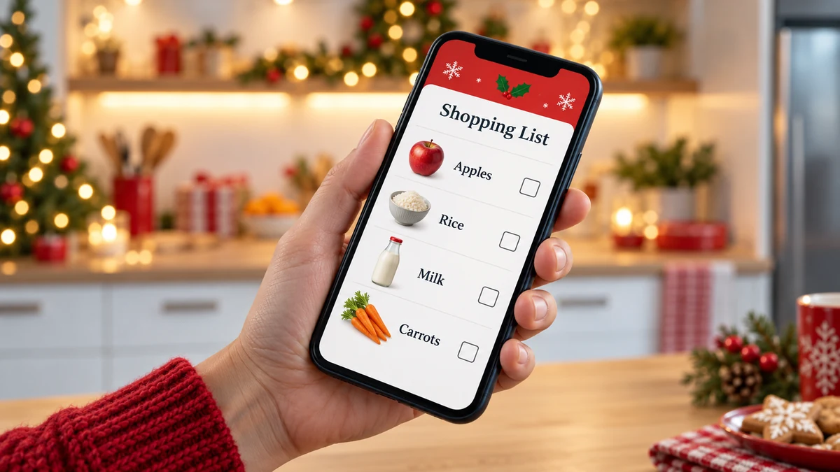 Hand holding a phone with a simple shopping checklist