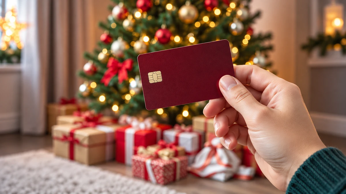 Hand holding a plain burgundy payment card near a Christmas tree