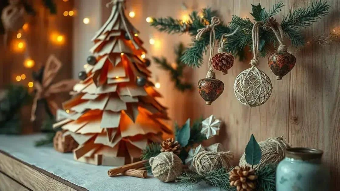 Handmade cardboard tree and hanging twine ornaments