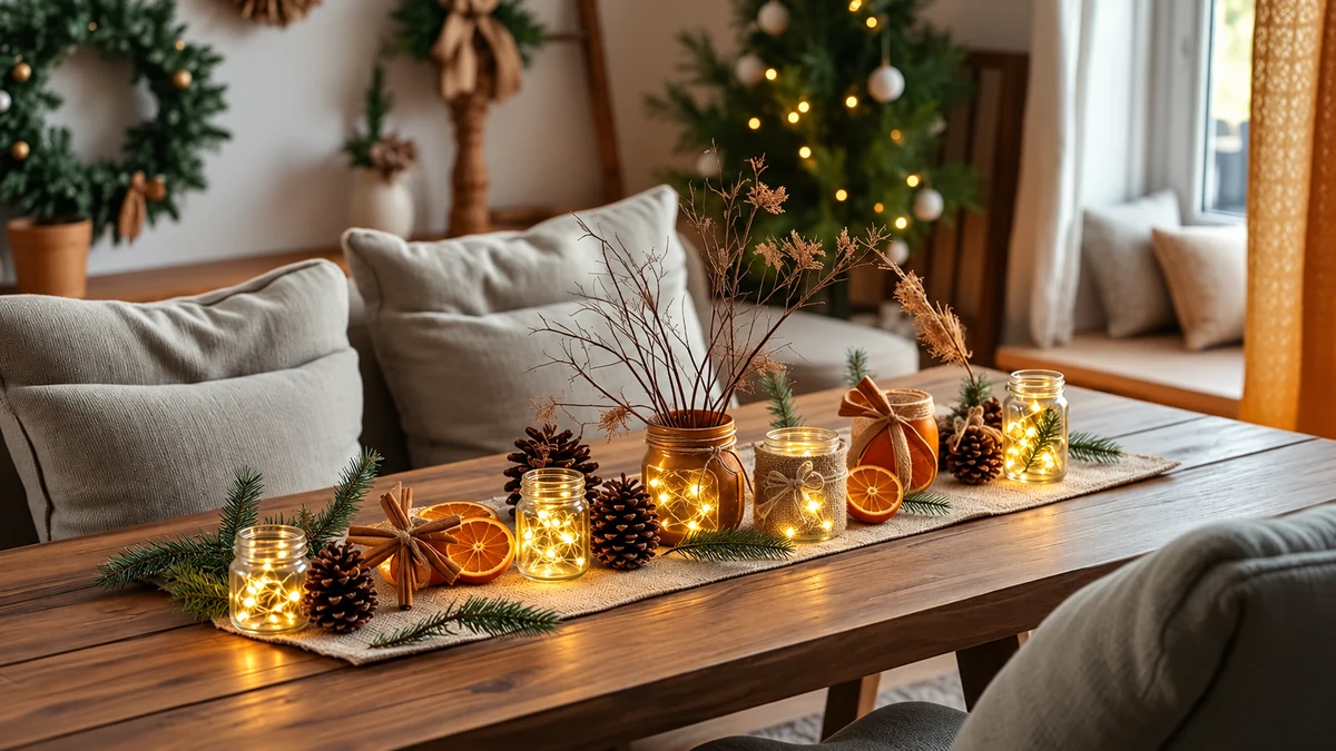 Handmade Christmas table decorations with LED jar lights