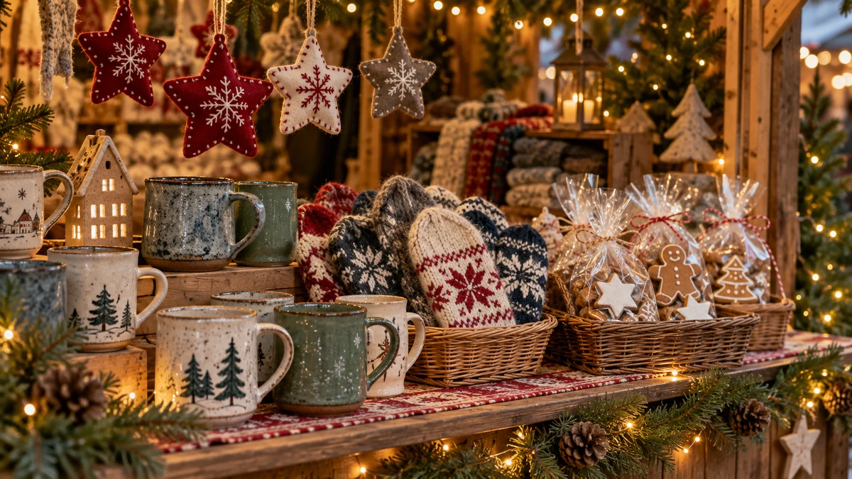 Handmade decorations and gifts at a Christmas market stall Handmade decorations and gifts at a Christmas market stall