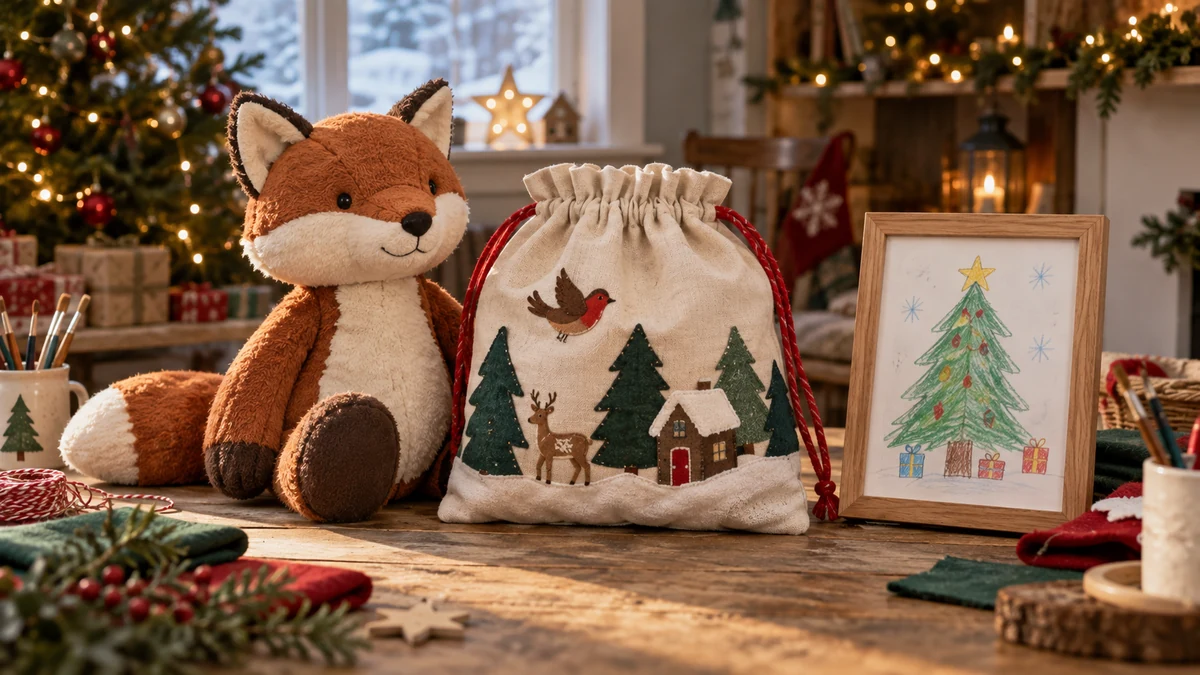 Handmade fabric fox story bag and framed Christmas drawing