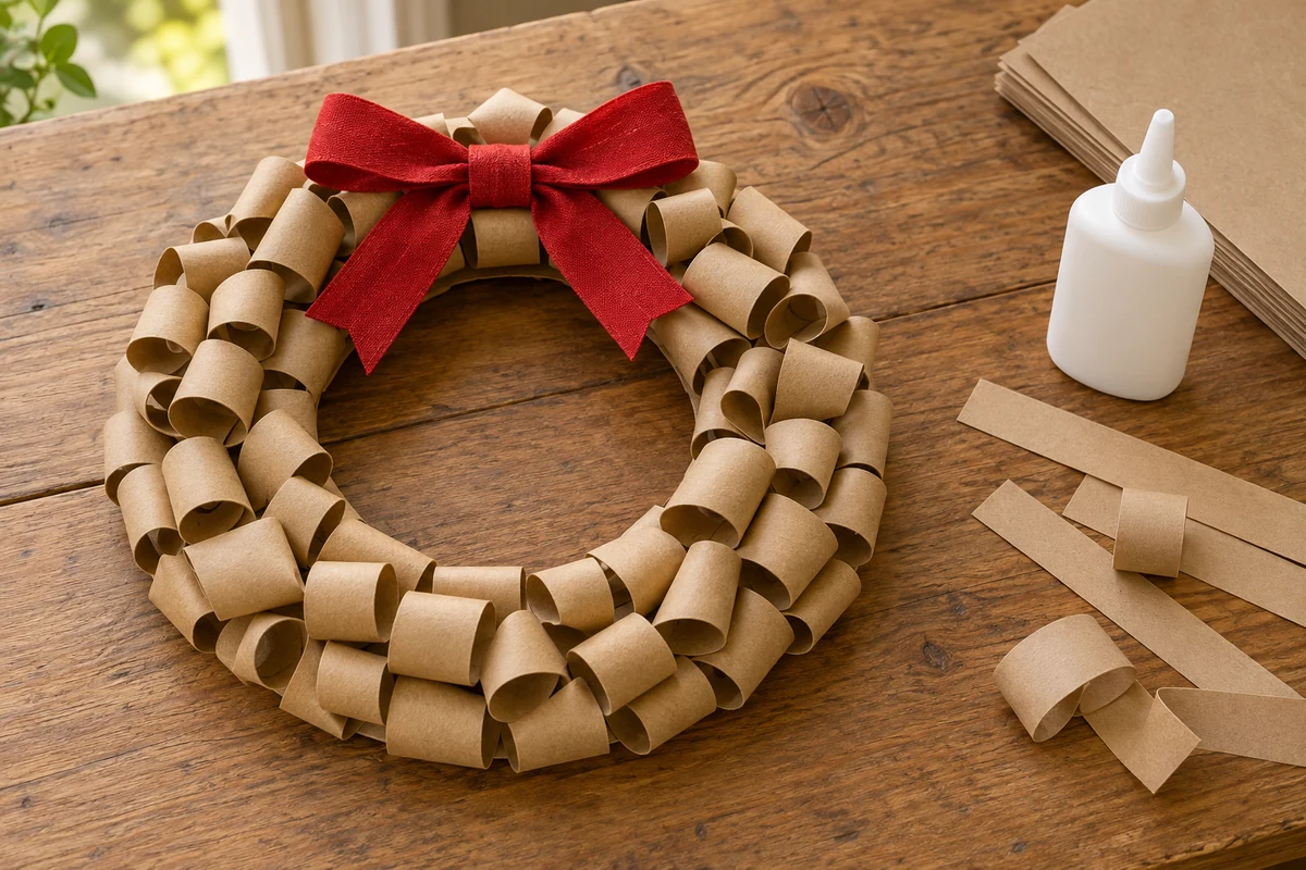 Handmade kraft paper wreath with a red fabric bow