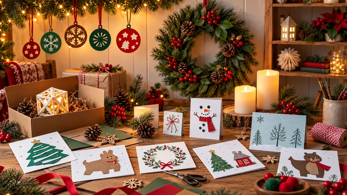 Handmade paper cards and ornaments beside battery-operated candles