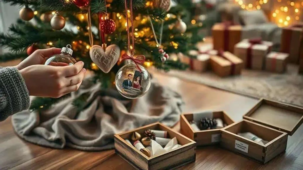 Hands arranging keepsake ornaments beside a Christmas tree