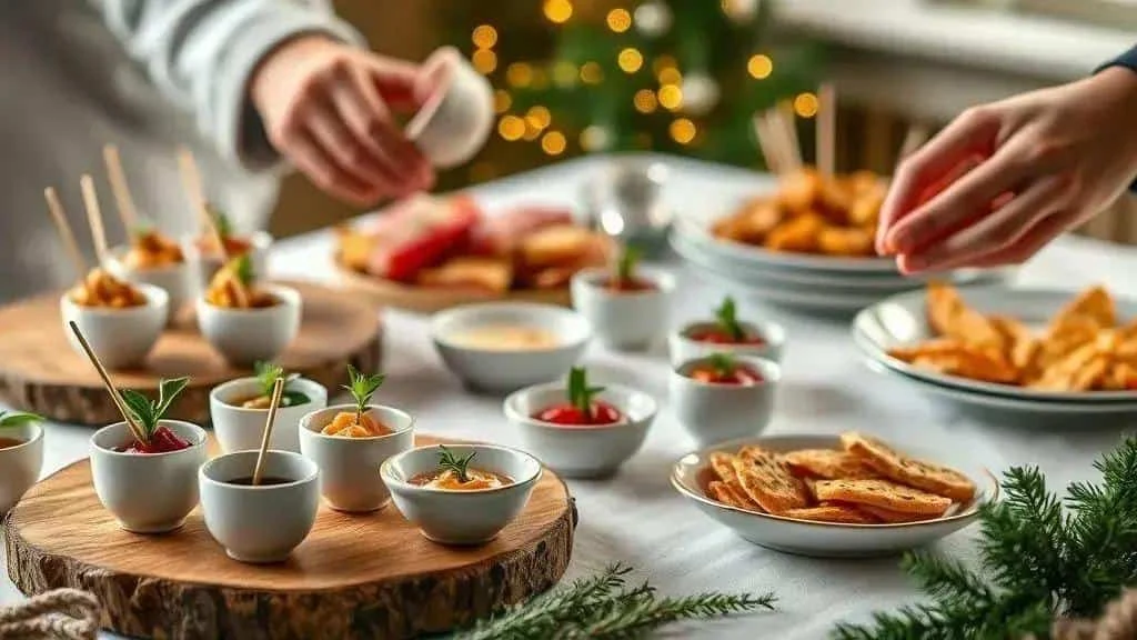 Hands arranging small dishes and serving utensils on a buffet table