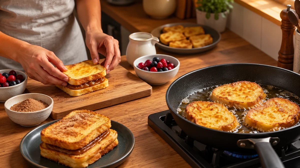 Hands assembling filled rabanada beside bread slices cooking in a pan