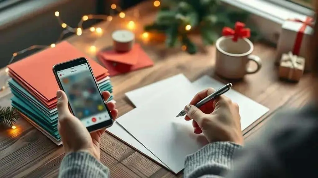 Hands holding a phone and pen beside blank Christmas cards