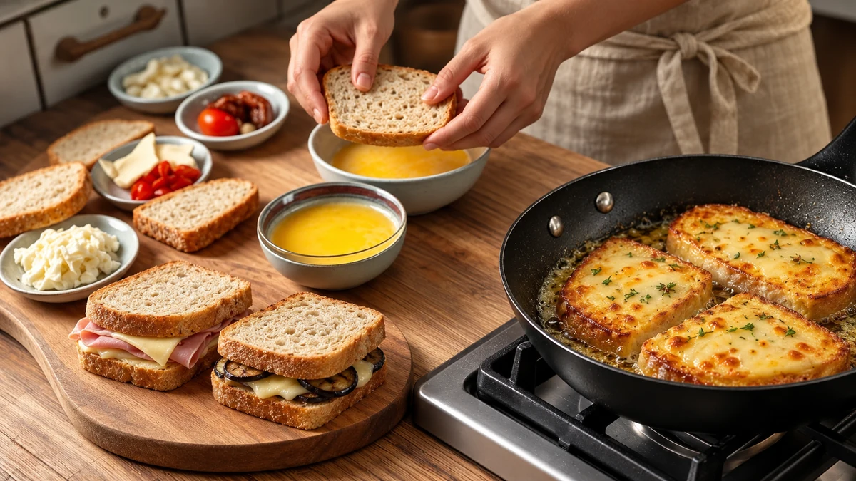 Hands preparing bread beside savoury rabanada and modest filled sandwiches
