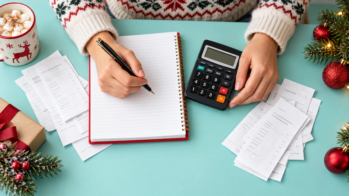 Hands preparing notes beside a calculator on a teal table