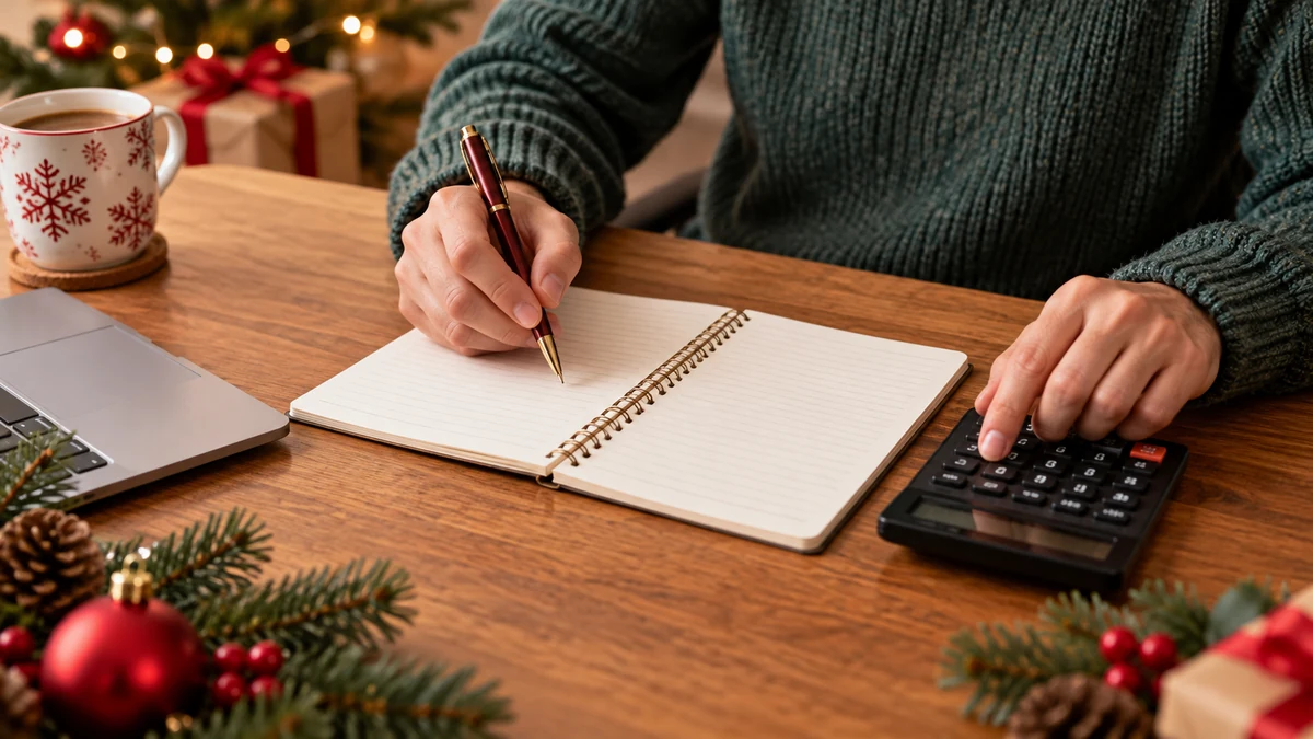 Hands reviewing a notebook beside a calculator