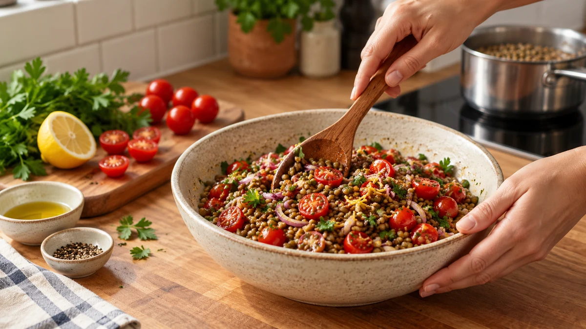 Hands using a wooden spoon to mix lentil salad in a ceramic bowl