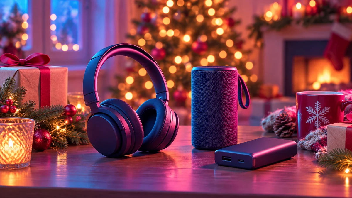 Headphones, portable speaker and power bank on a festive desk