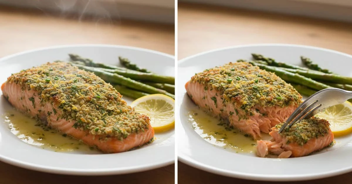 Herb-crusted salmon served with asparagus and lemon