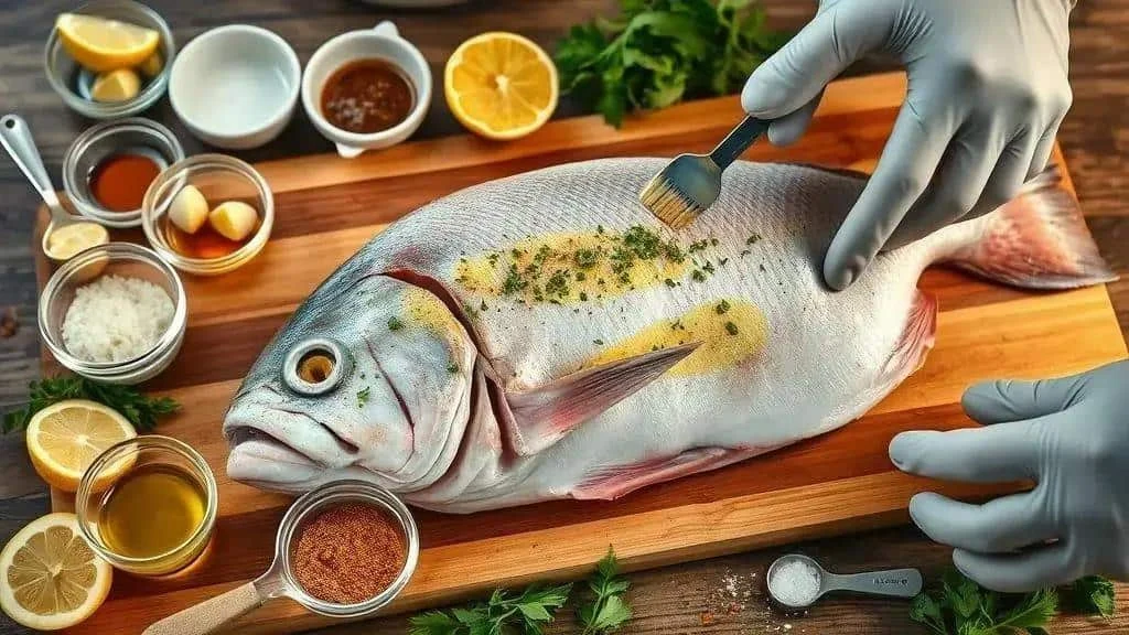 Herb marinade spread over a whole fish