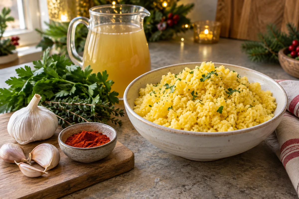 Herbs, garlic, paprika and a jug of vegetable stock beside a bowl of yellow cooked corn cuscuz Herbs, garlic, paprika and a jug of vegetable stock beside a bowl of yellow cooked corn cuscuz