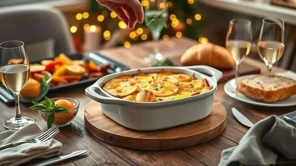 Herbs sprinkled over potato gratin at a festive table