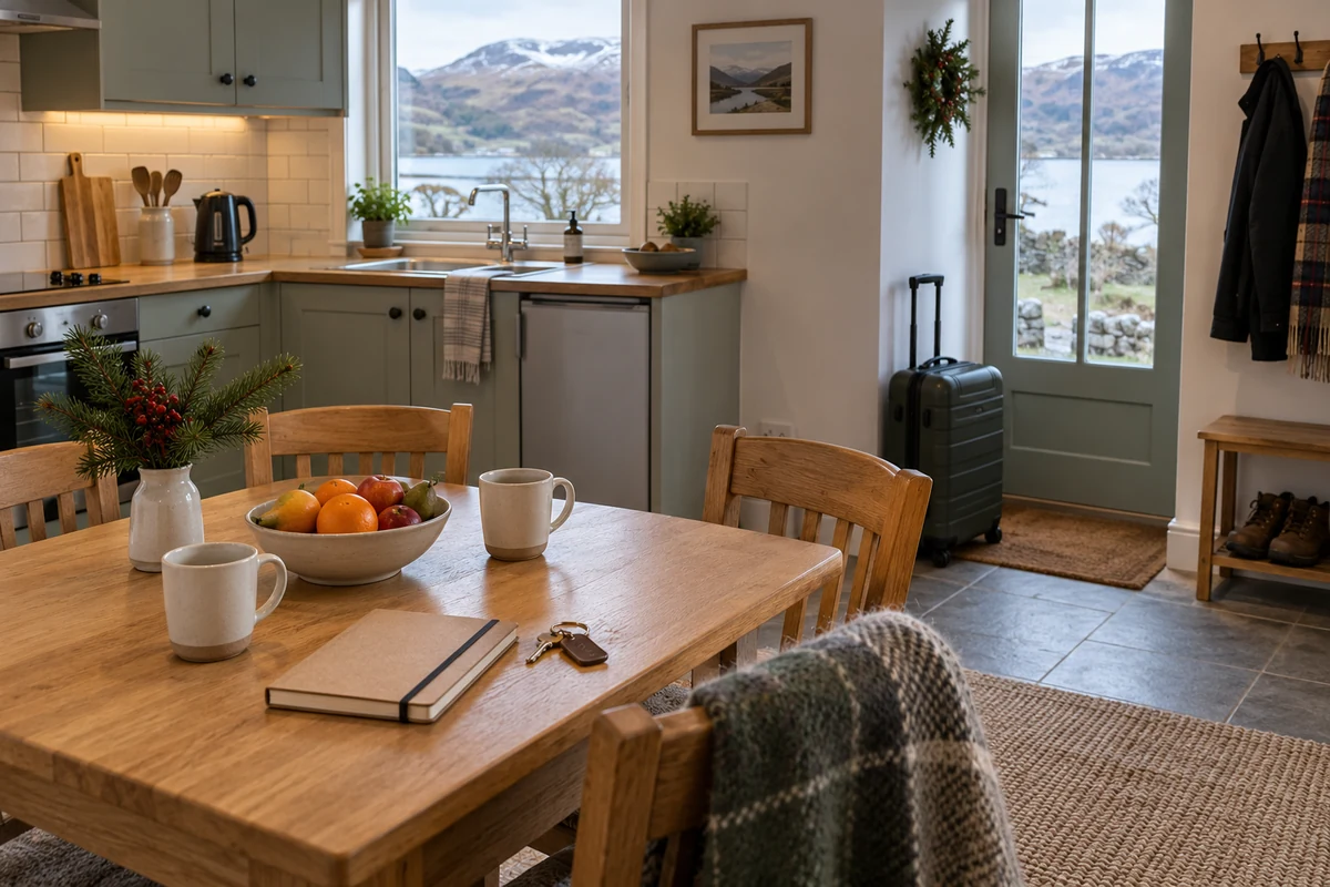 Holiday accommodation with a kitchenette and small dining table