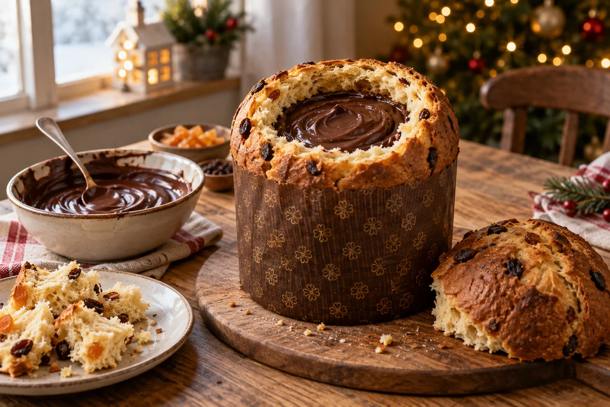 Hollowed panettone with chocolate filling and its top removed