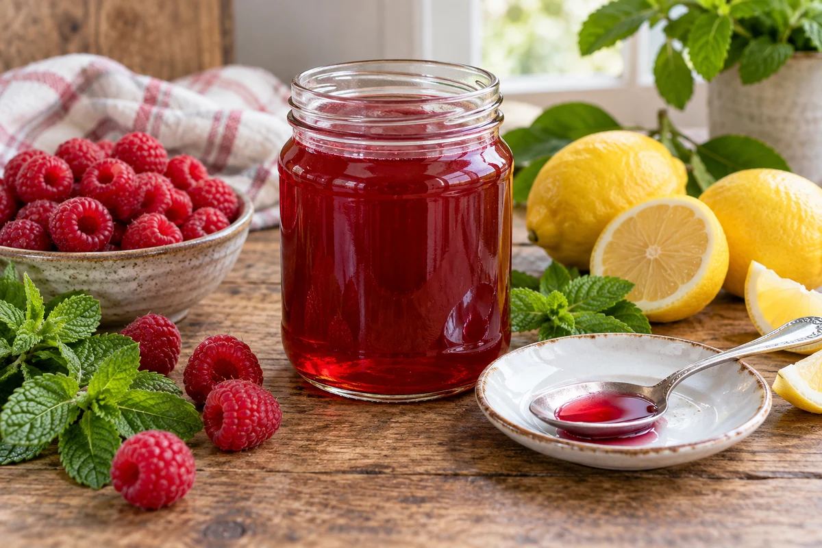 Homemade berry syrup beside lemons and mint Homemade berry syrup beside lemons and mint
