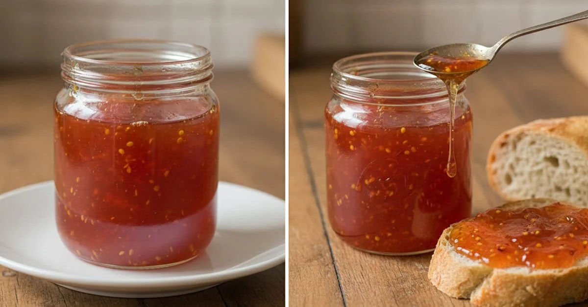 Homemade chilli jam in a jar and served on toast