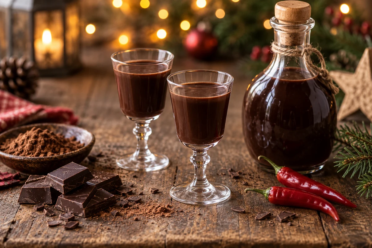 Homemade chocolate and chilli liqueur in glasses and a bottle