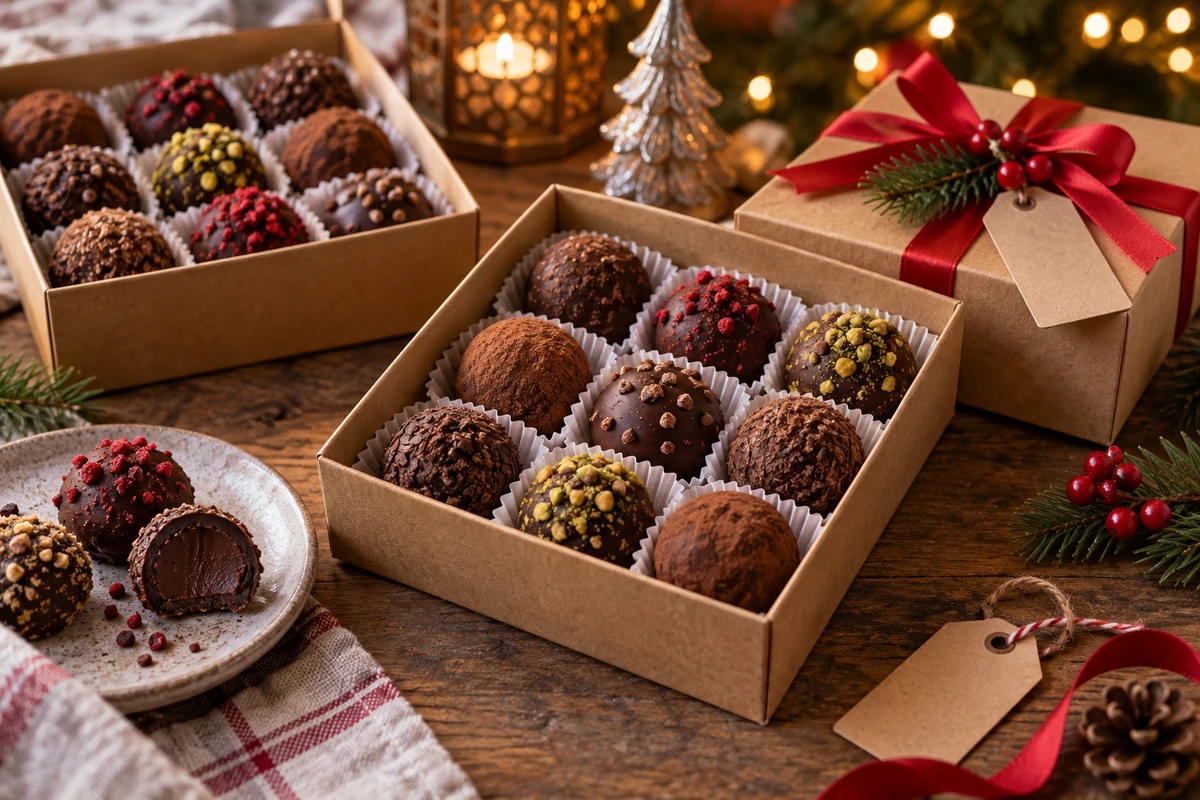 Homemade chocolate truffles in gift boxes