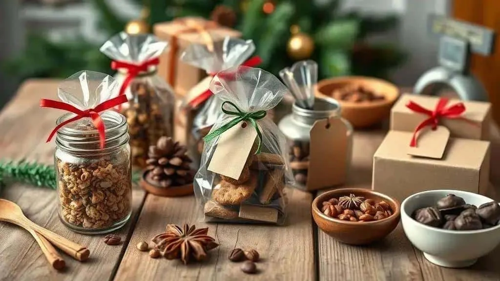 Homemade edible gifts in festive packaging