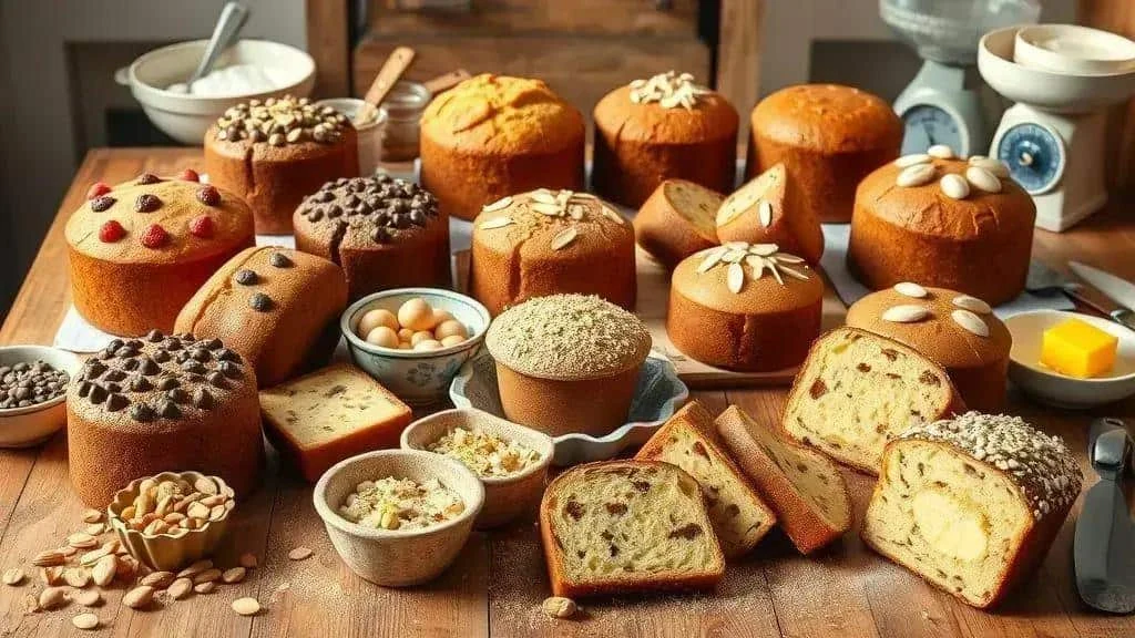 Homemade panettone varieties with chocolate, nuts and dried fruit