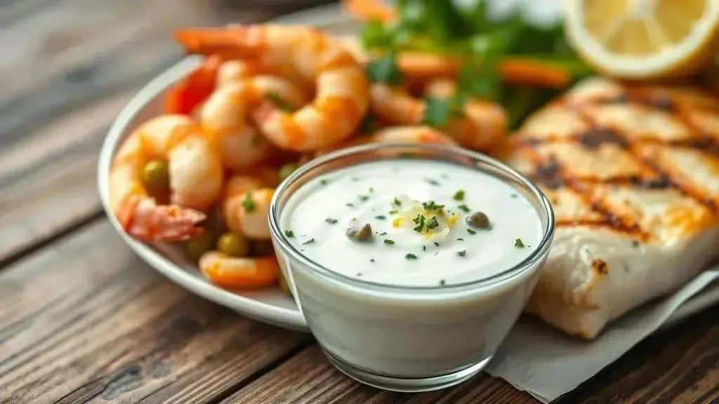 Homemade tartare sauce beside grilled fish and prawns