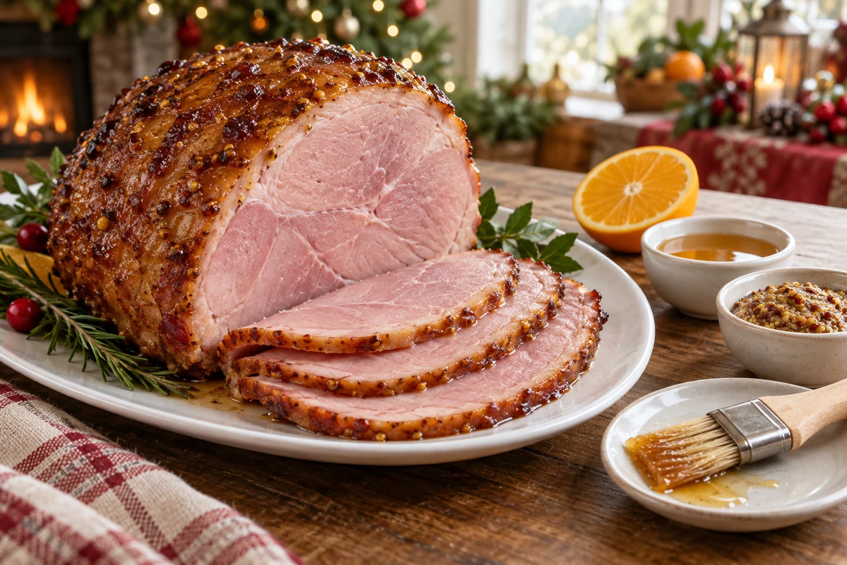 Honey and mustard glazed ham with sliced portions