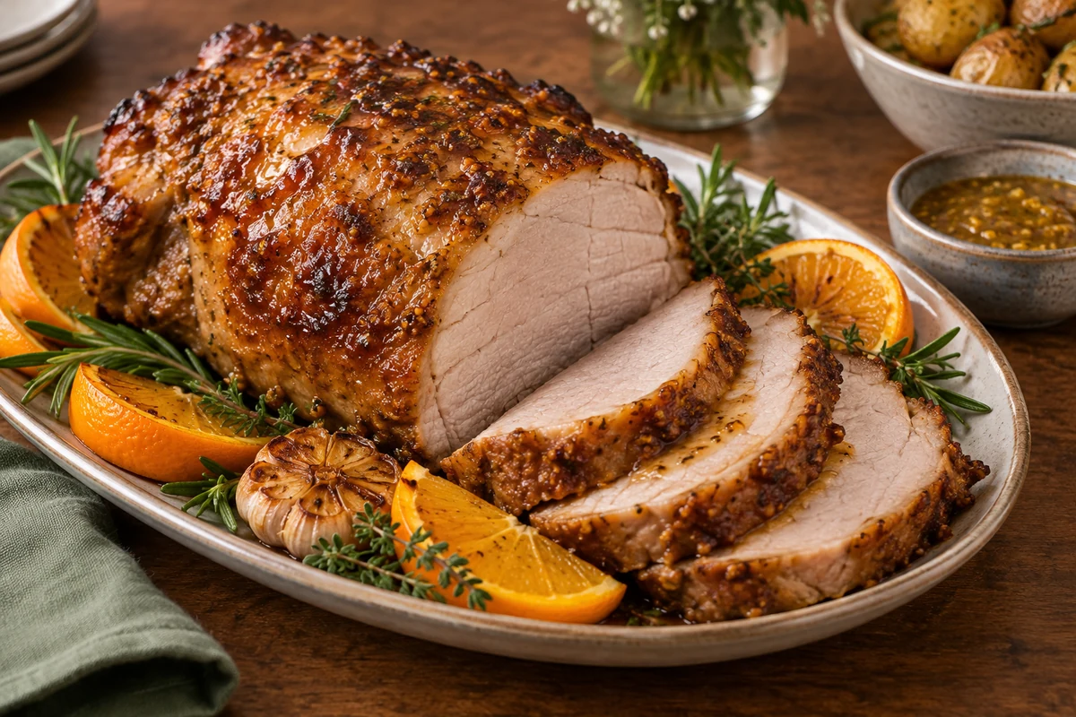 Honey and mustard glazed pork leg in a roasting tin