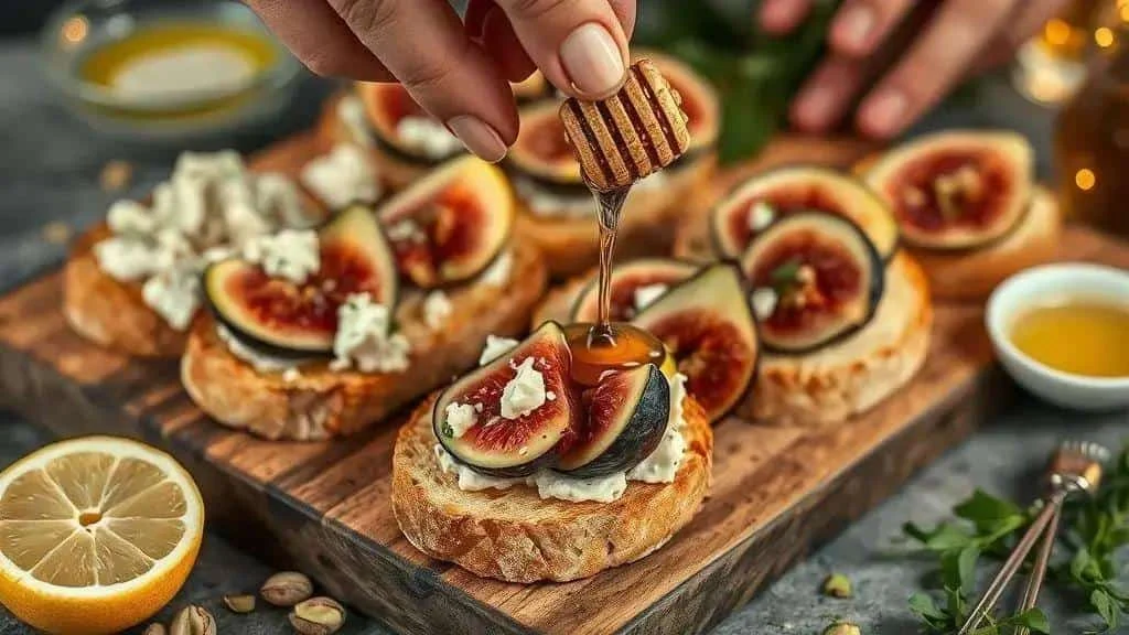 Honey being drizzled over fig and blue cheese bruschetta