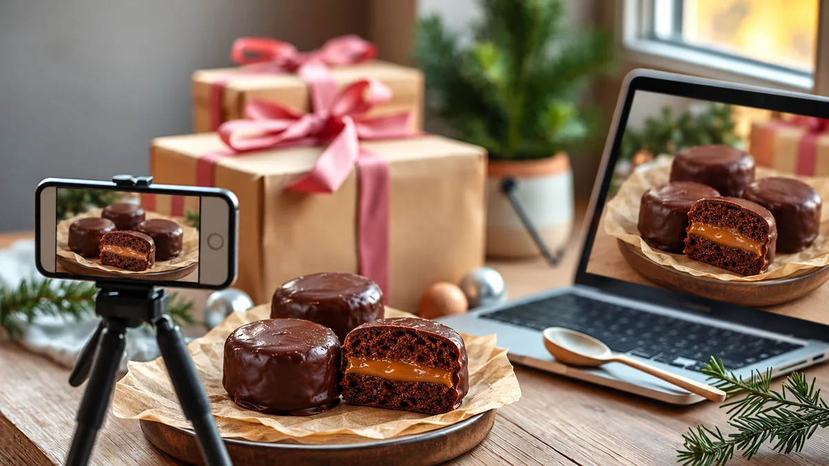 Honey cakes photographed with a phone beside a laptop displaying the same cakes Honey cakes photographed with a phone beside a laptop displaying the same cakes