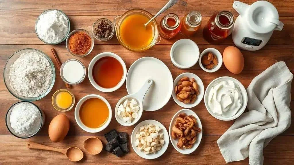 Honey, flour, eggs, spices and nuts arranged for baking Honey, flour, eggs, spices and nuts arranged for baking