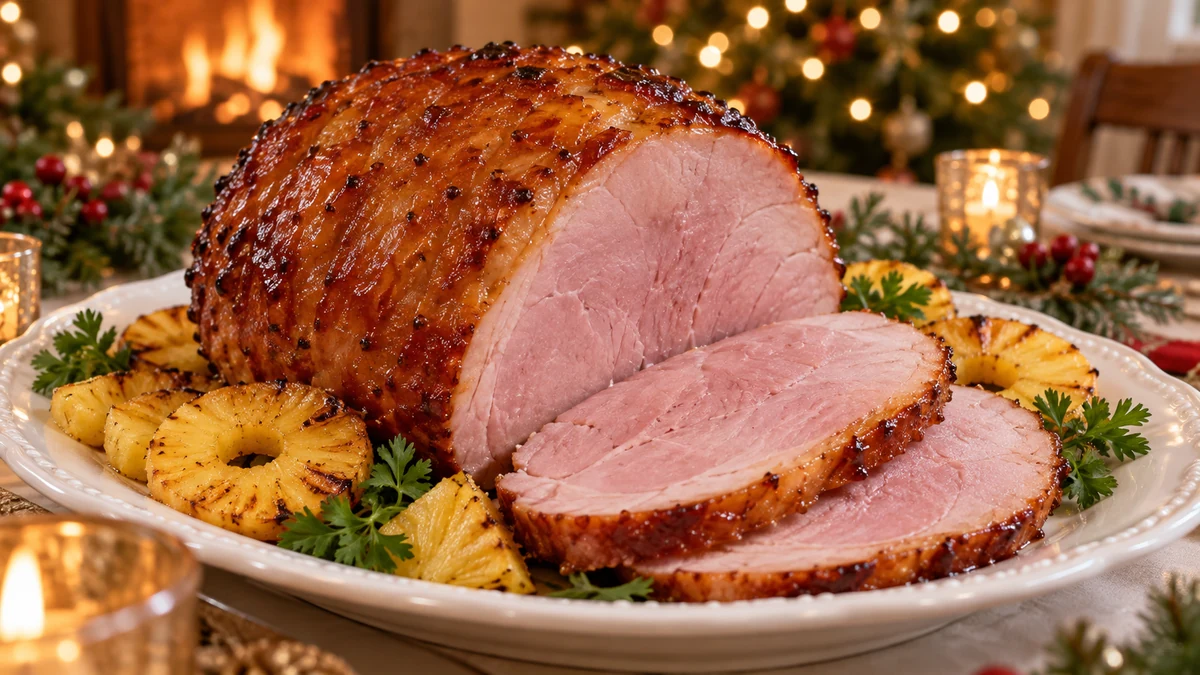 Honey-glazed cooked ham sliced with pineapple alongside