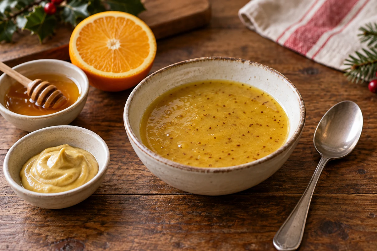 Honey mustard and orange glaze in a serving bowl