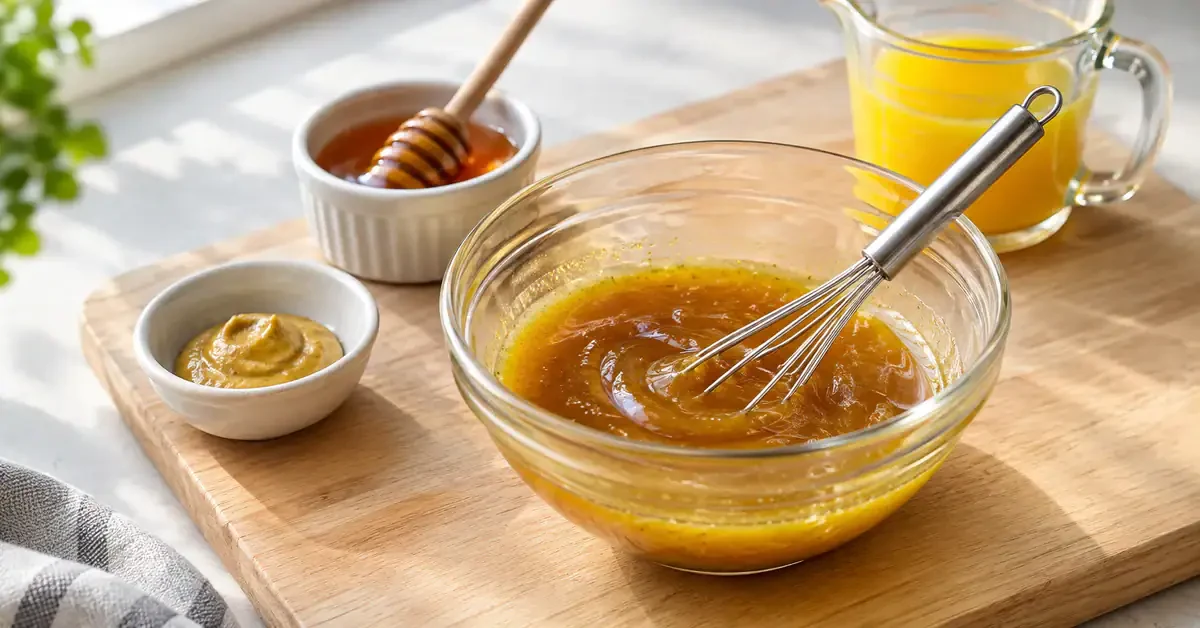 Honey, mustard and orange juice glaze in a glass bowl